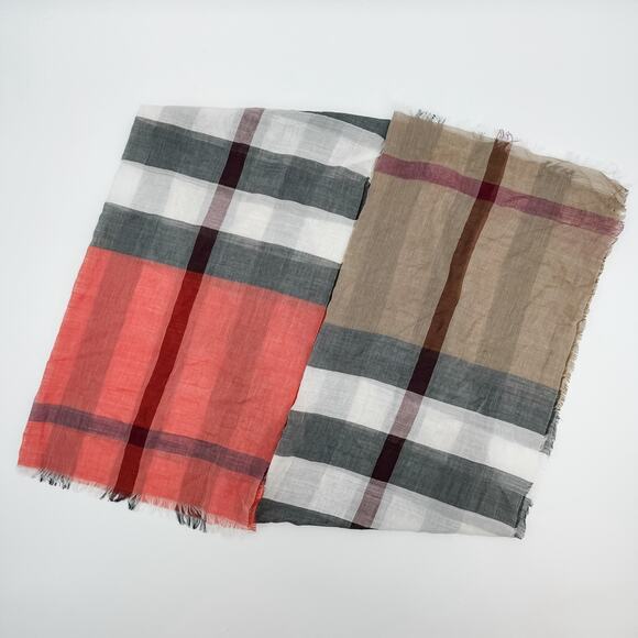 Burberry Scarf Authentic Red Brown Gauze Lightweight Plaid Nova‎ Check Oversized - Picture 13 of 13